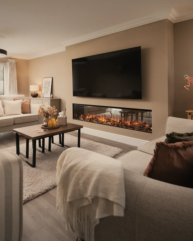 The lounge in the evening with the fire glowing